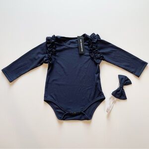 NEW Baby Girls Navy Ruffle Bodysuit Onesie Bow Set